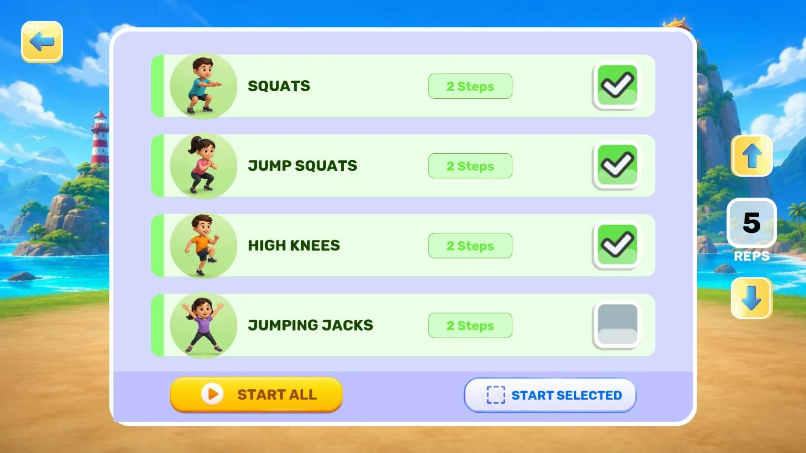 TurboKids exercise selection screen listing squats, jump squats, high knees and jumping jacks