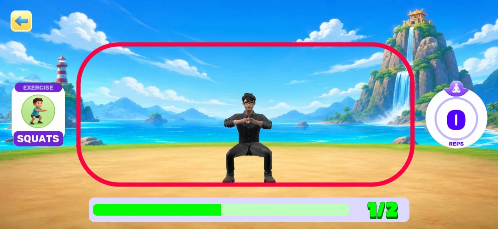 TurboKids avatar demonstrating squats with a repetition counter and progress indicator