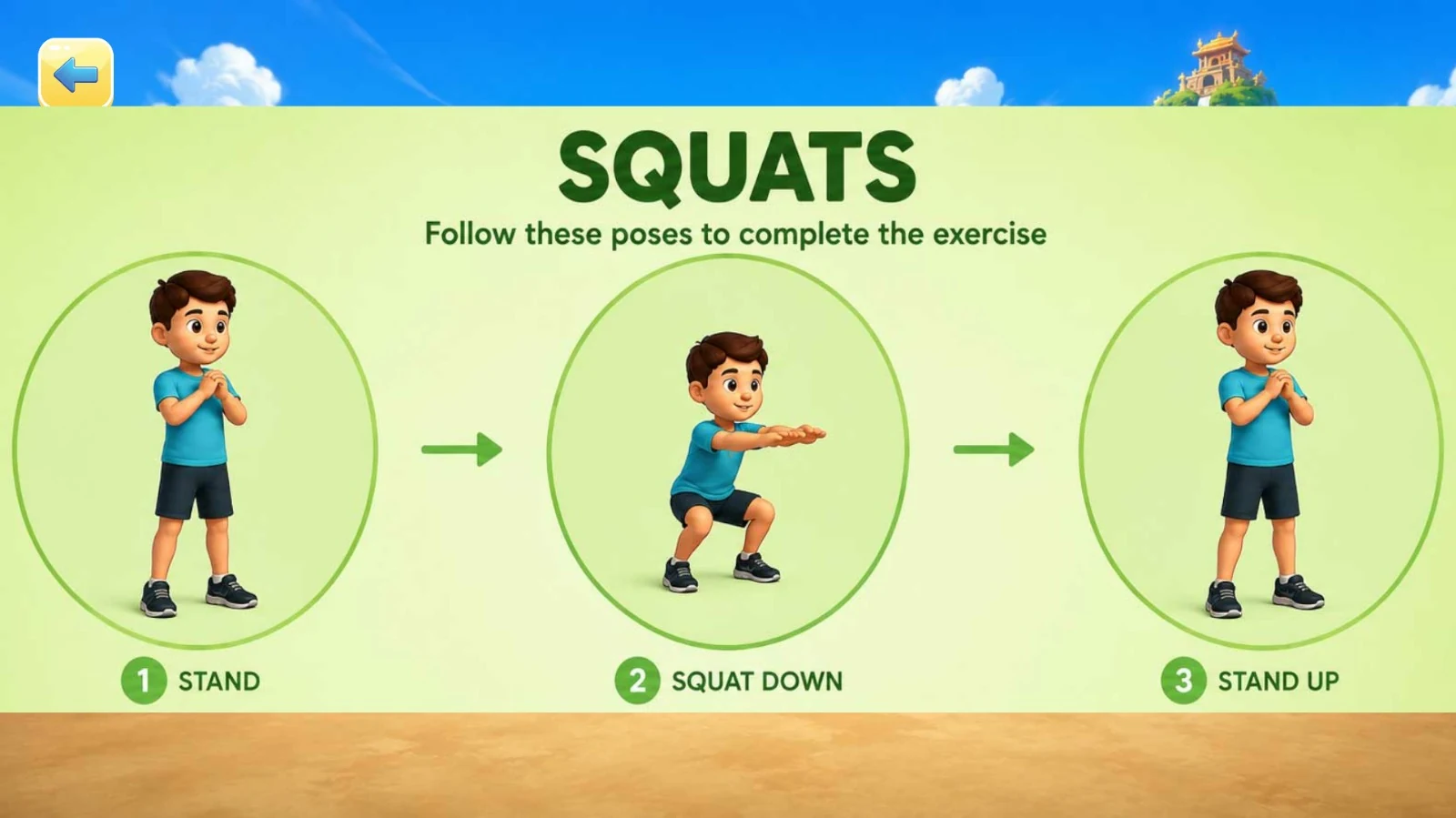 TurboKids squat instructions showing standing, squatting down and standing up