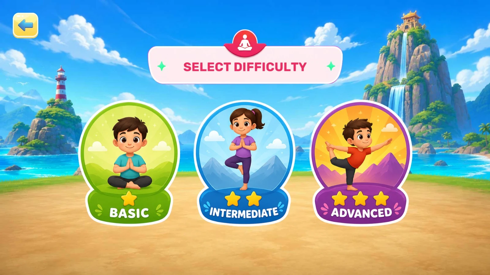 TurboKids exercise difficulty screen with Basic, Intermediate and Advanced choices
