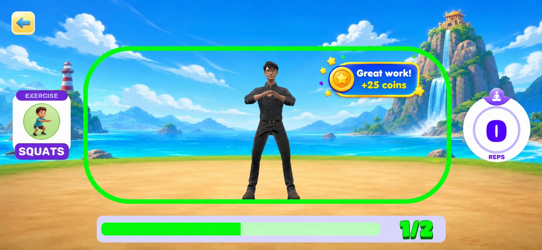 TurboKids exercise screen celebrating a completed movement with a coin reward
