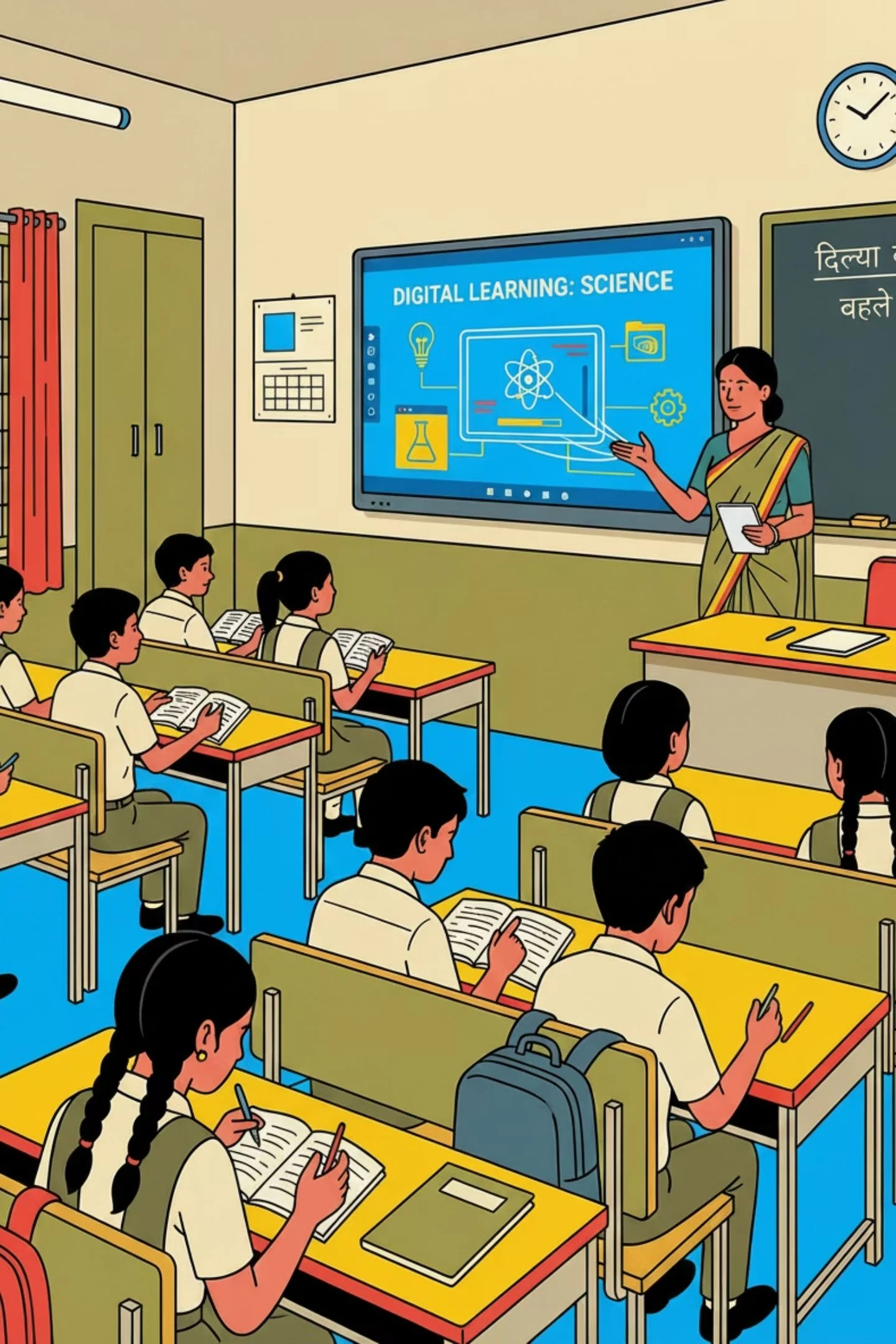 A teacher leads a classroom lesson using a connected television display