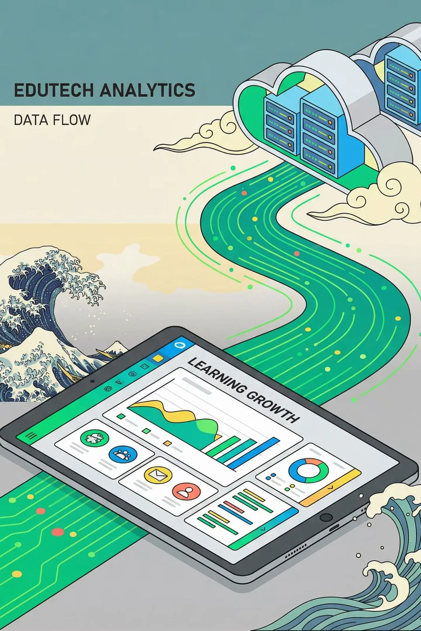 Illustration showing learning data flowing from a teacher tablet to central reporting servers