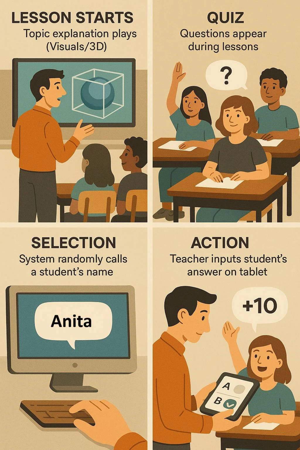 Four-panel classroom illustration: a lesson begins, children answer a quiz, a student is selected, and the teacher records an answer