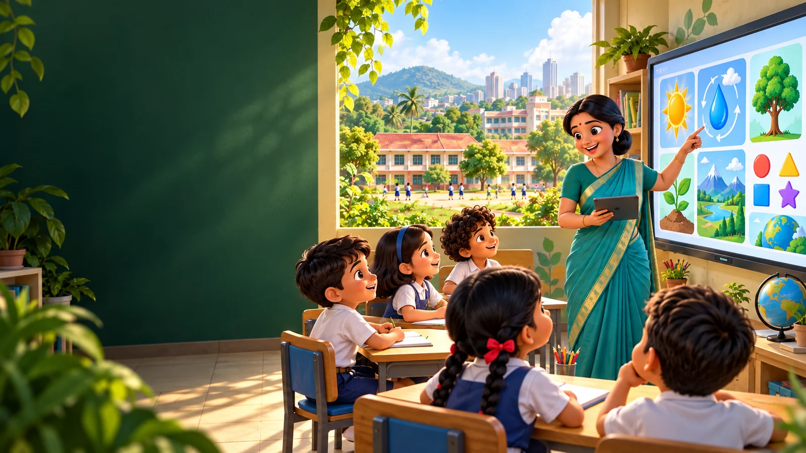 Teacher leading an interactive lesson with children in a bright classroom
