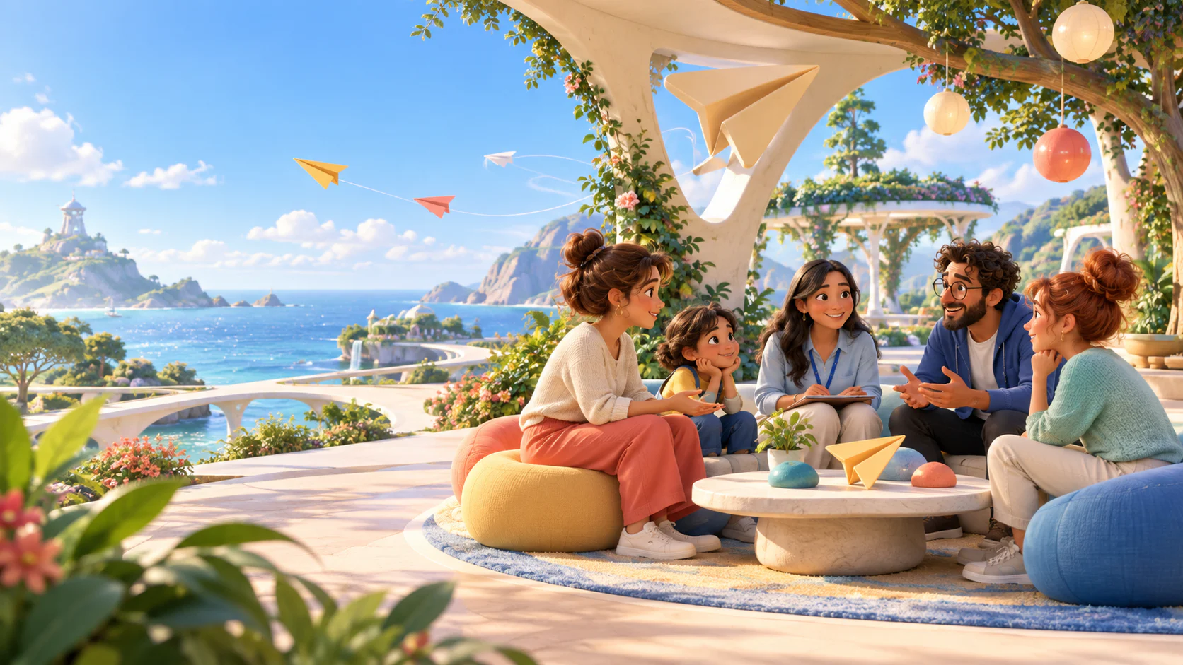 Families, educators and the Kitmek team meet in a welcoming island conversation garden