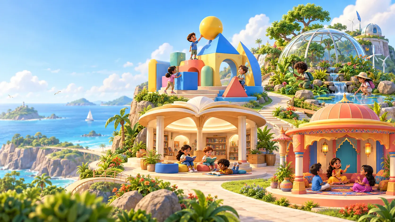 Children explore mathematics, science and language spaces across a bright island learning plaza