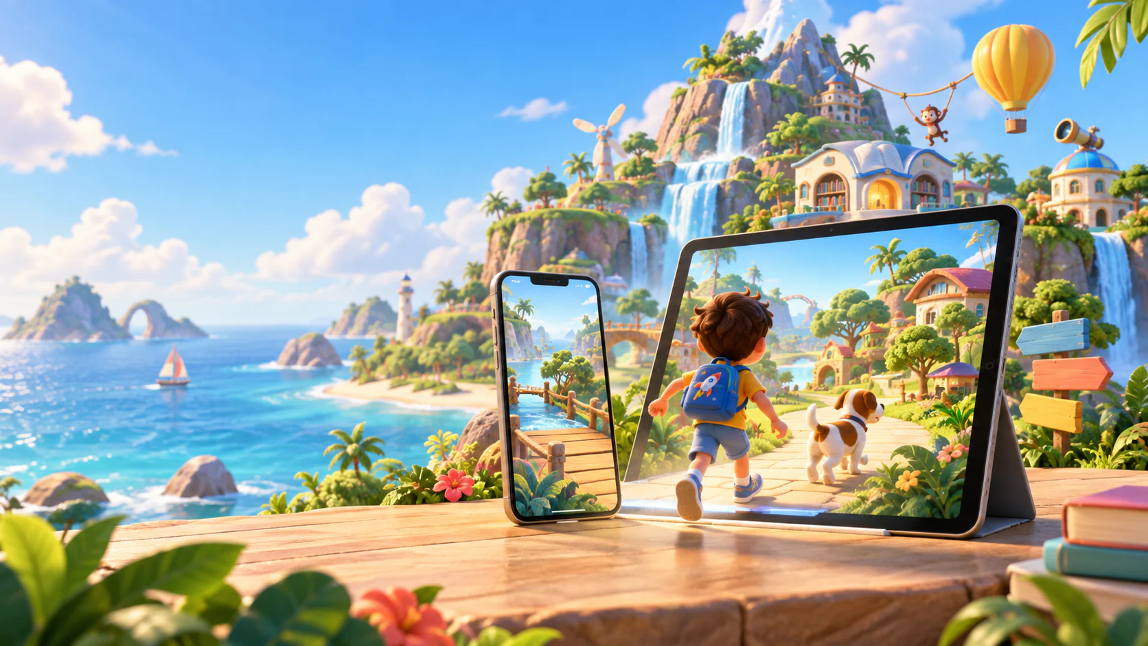 A phone and tablet open into the bright TurboKids island learning world