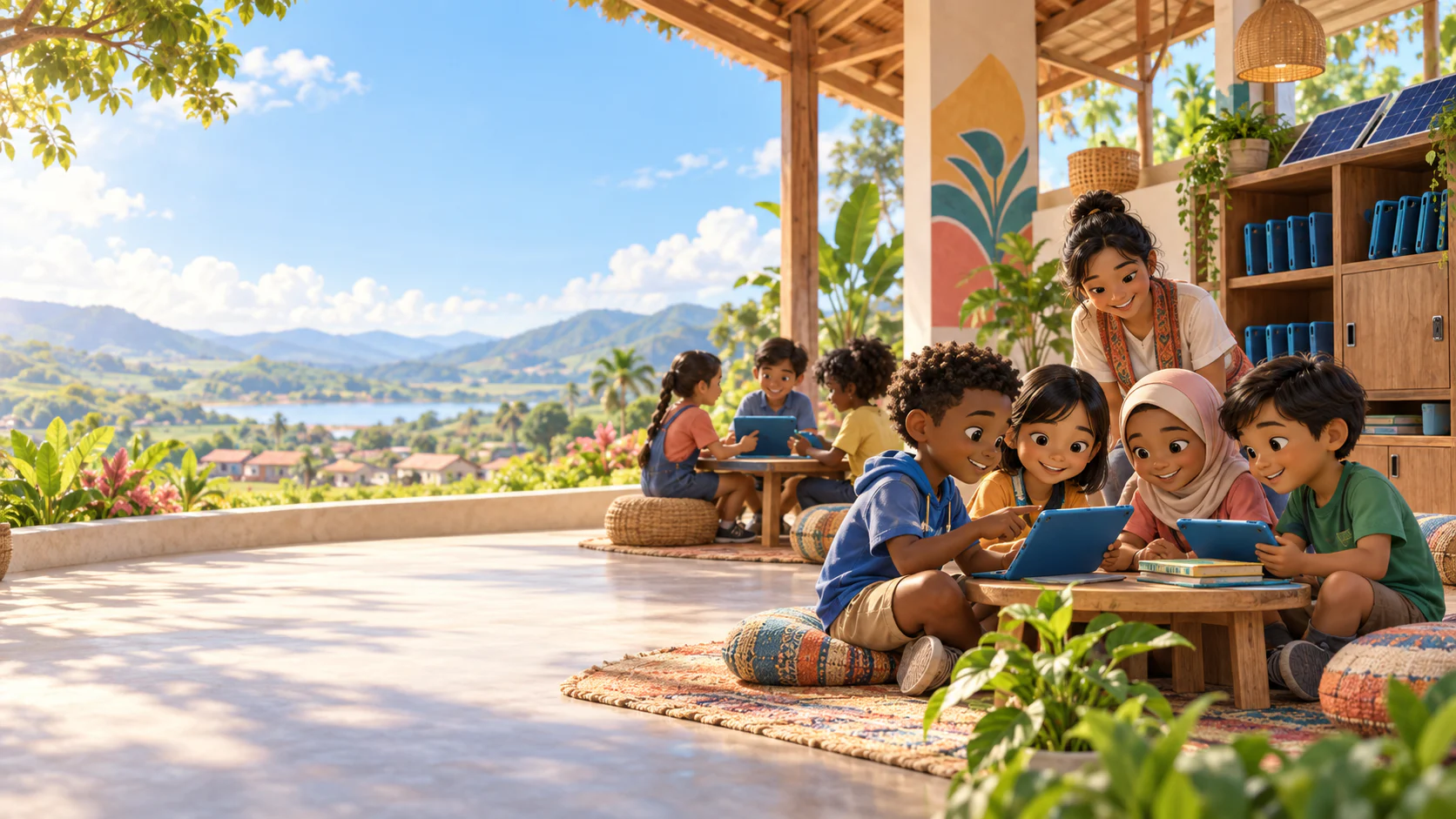 Children learn together with offline tablets in a bright community learning pavilion