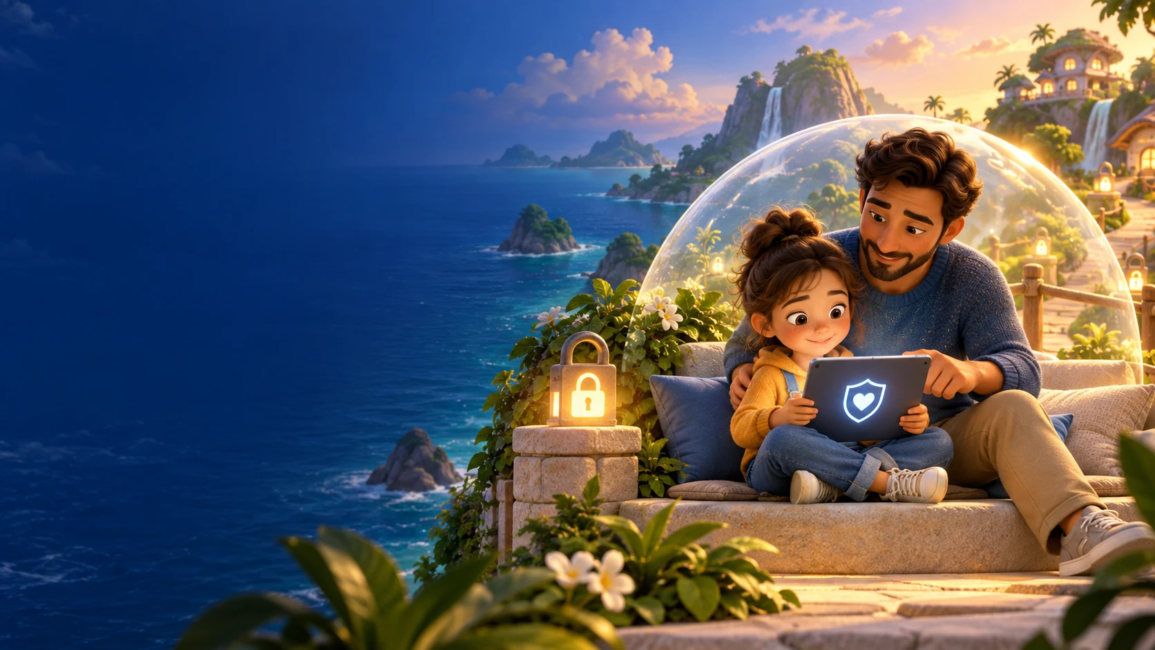 A parent and child explore a protected digital learning world together