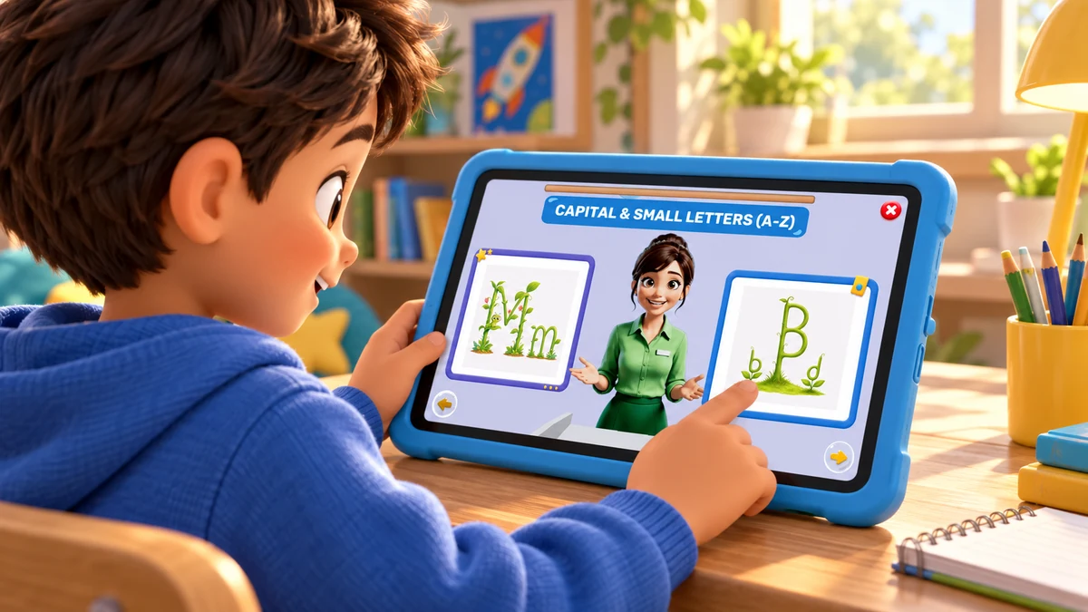 A child uses a blue tablet to learn with the TurboKids avatar teacher