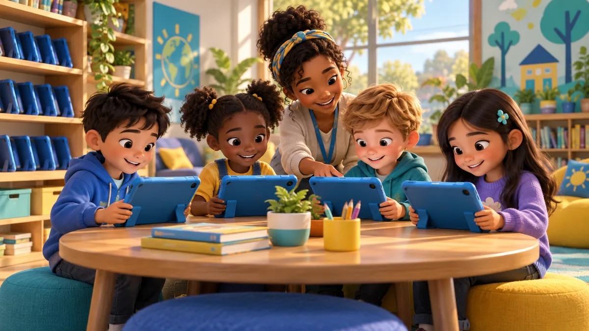 Illustration of children using tablets together with a local facilitator in a shared learning library