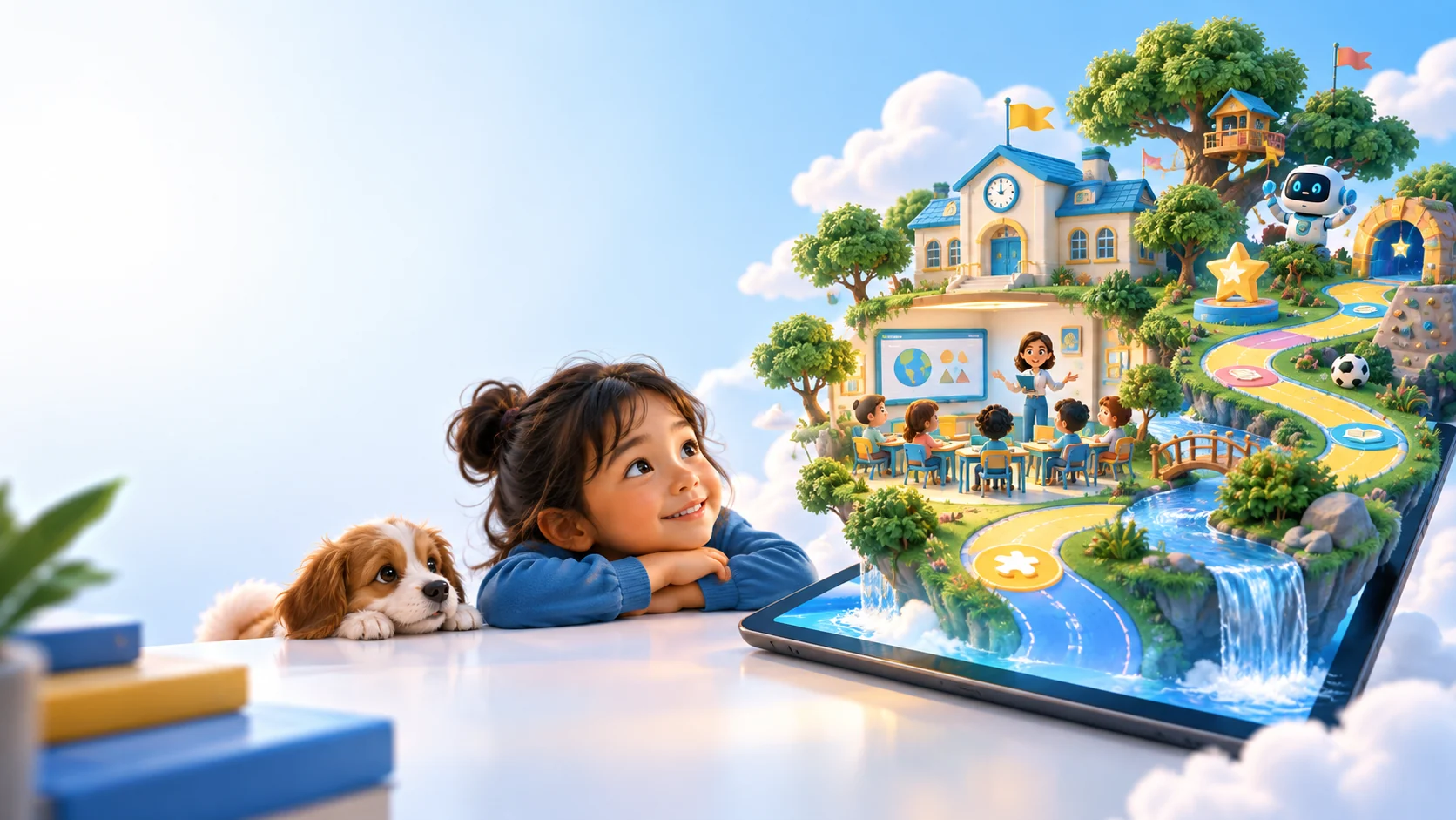 A child discovers a colourful digital school world emerging from a tablet