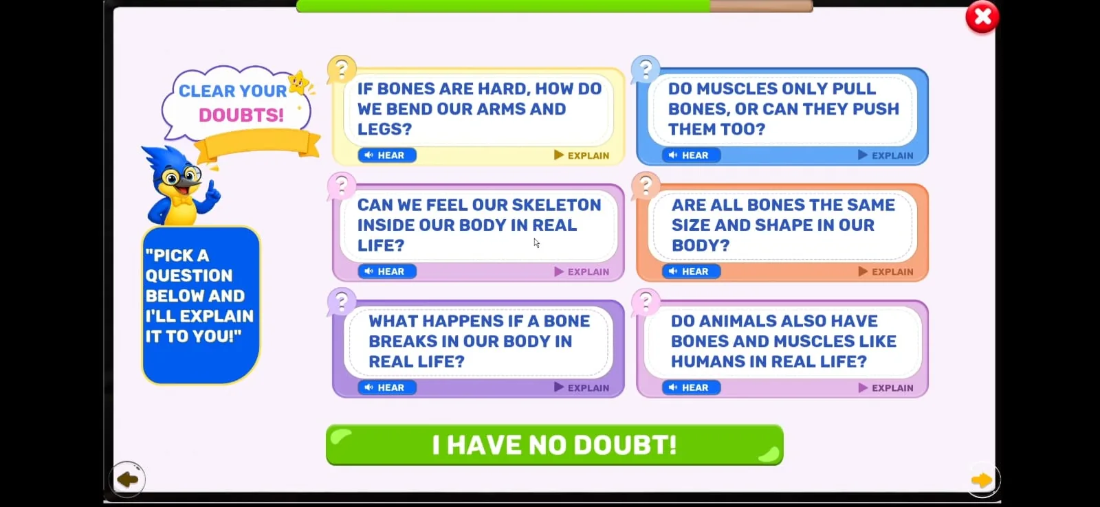 TurboKids questions about bending arms, muscle movement and animals