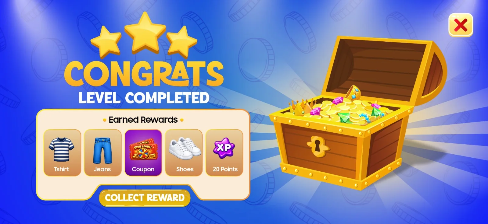 TurboKids reward screen with a treasure chest and collectible coins
