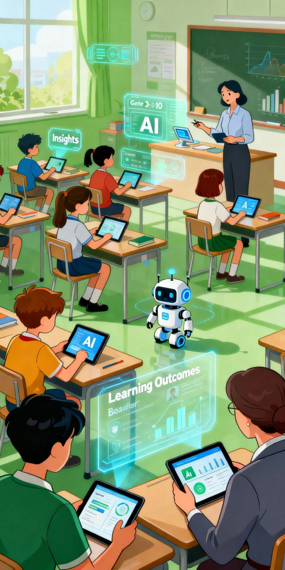 Illustrated classroom where a teacher supports children learning on tablets