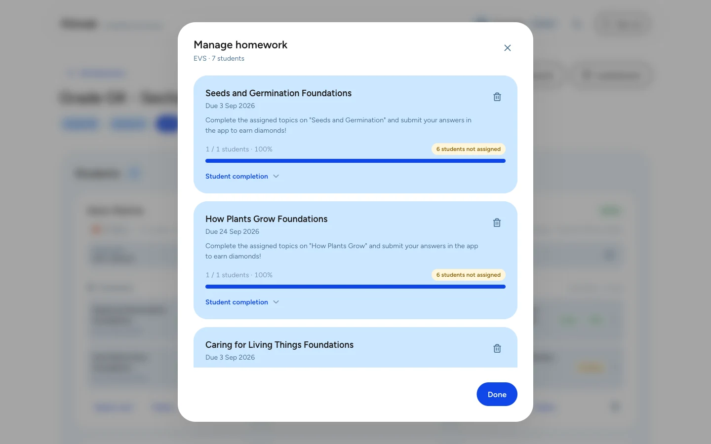Manage homework dashboard showing assignments and student completion