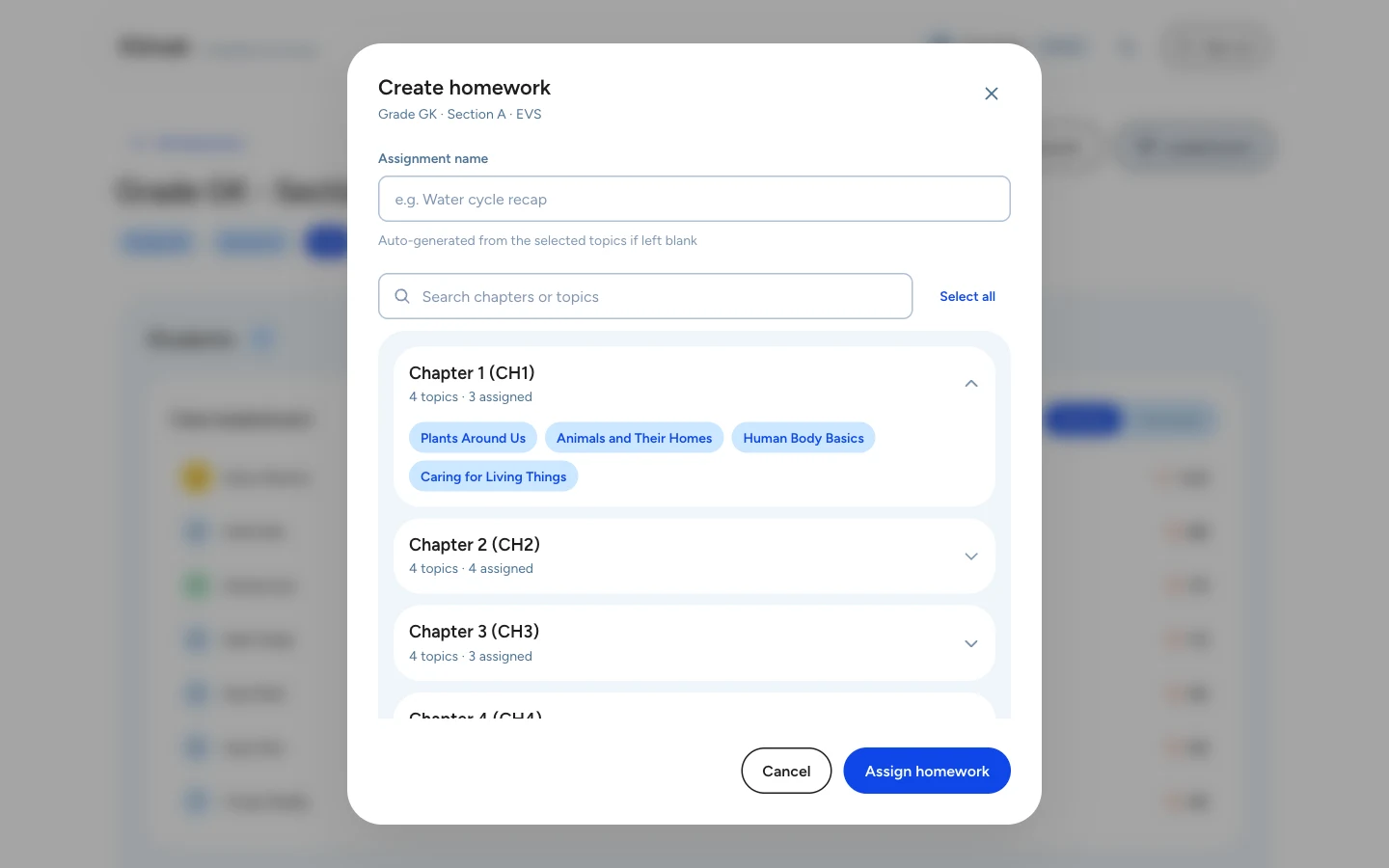 Create homework screen with chapter topics and an Assign homework button
