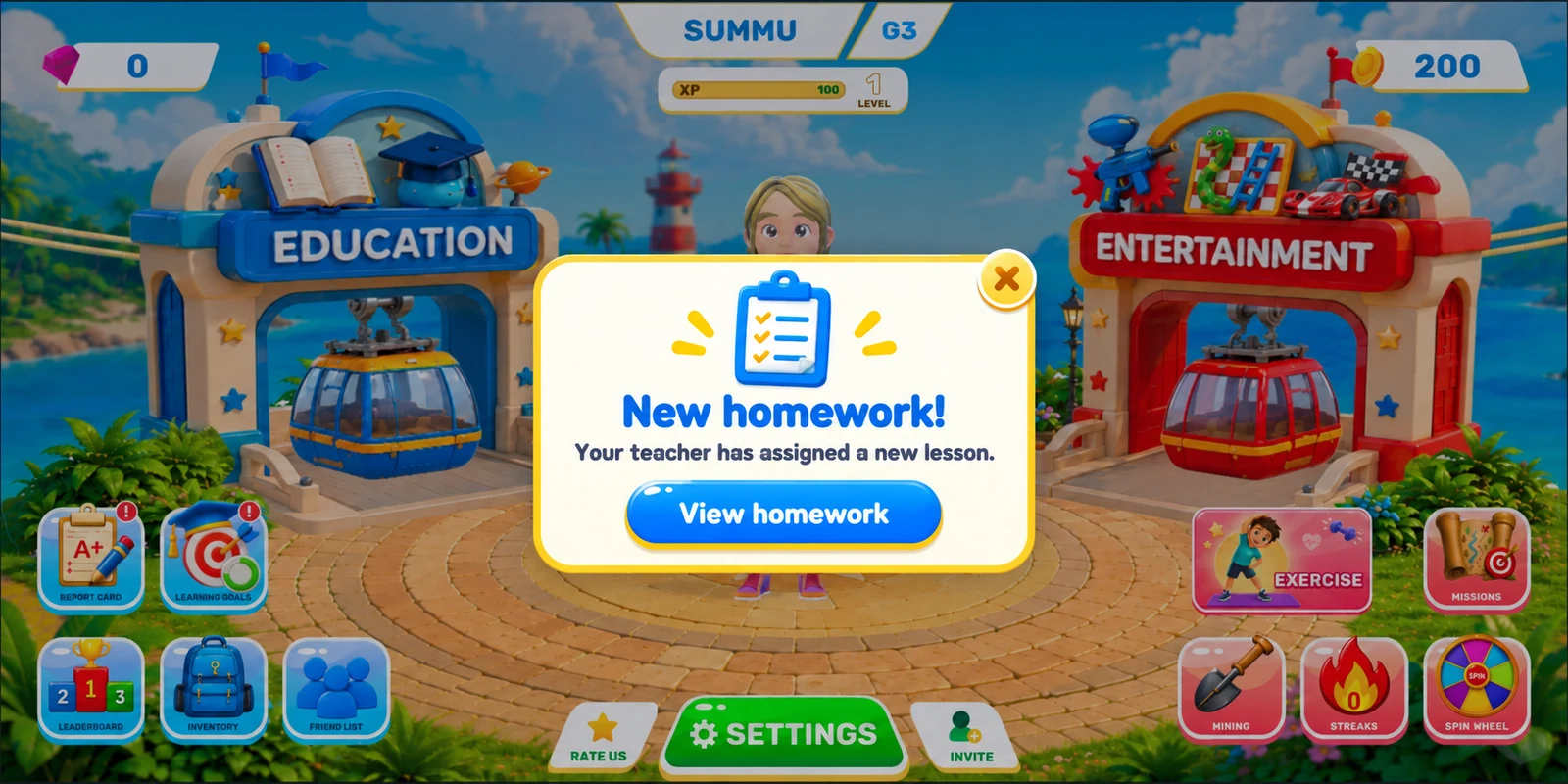 Illustration of the TurboKids home screen with a new homework notification