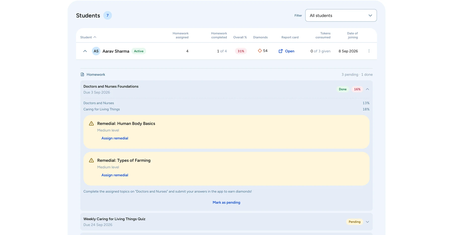 Teacher portal showing a student’s suggested remedial lessons