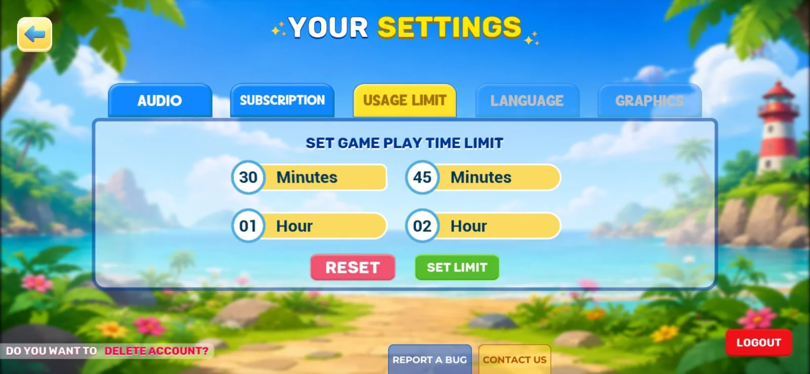 TurboKids screen-time settings with selectable daily play-time limits