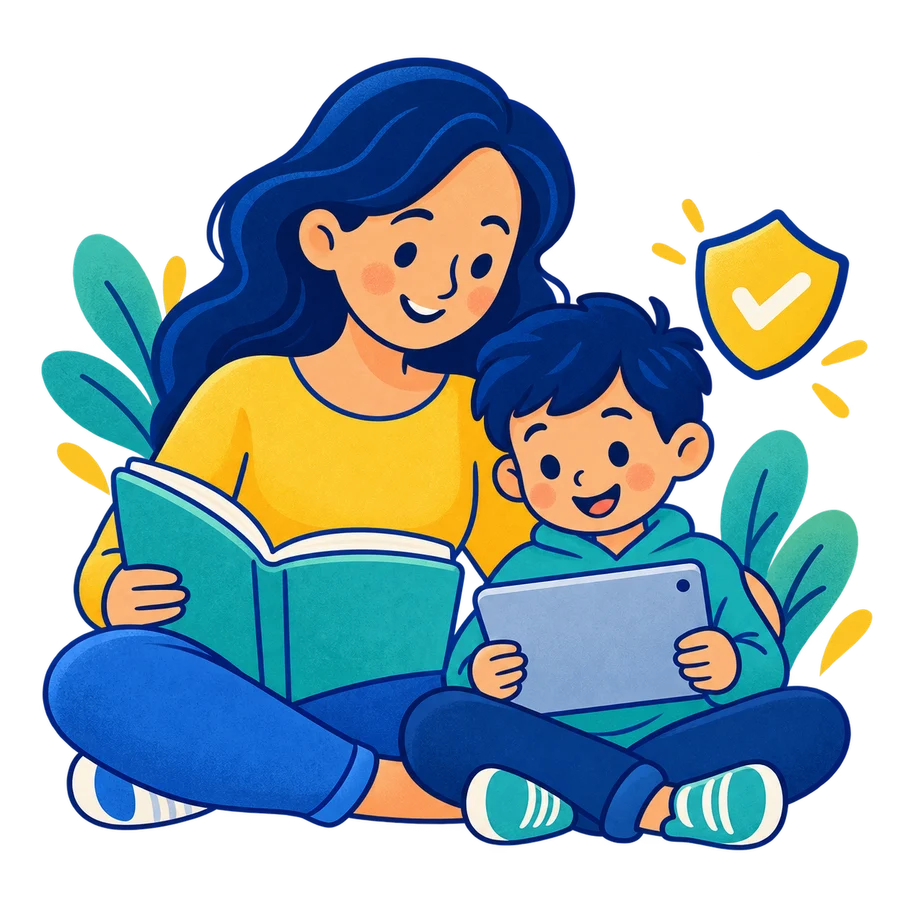 A parent and child reading together with a tablet and a shield